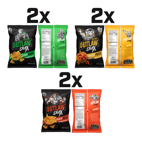 Outlaw Snax Variety Pack - 6 Bags(10oz) 3 Flavors: Spicy Rach Tortilla Chips, Crazy Queso Tortilla Chips & Space Puff Corn Snack