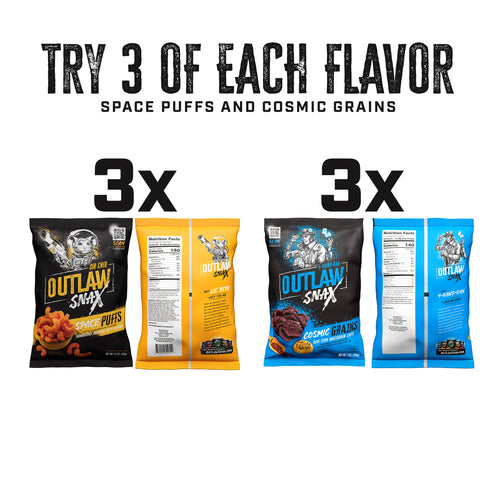 Outlaw Snax Variety Pack – 6 Bags (10oz) 2 Flavors: Cosmic Grains Blue Corn Tortilla Chips and Space Puff Corn Snacks, 10 oz, 6 Count