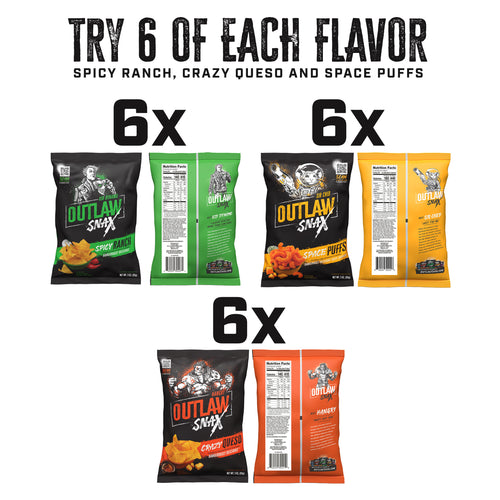 Outlaw Snax Variety Pack — 18 Bags (3oz)  3 Flavors: Spicy Ranch Tortilla Chips, Crazy Queso Tortilla Chips & Space Puff Corn Snack